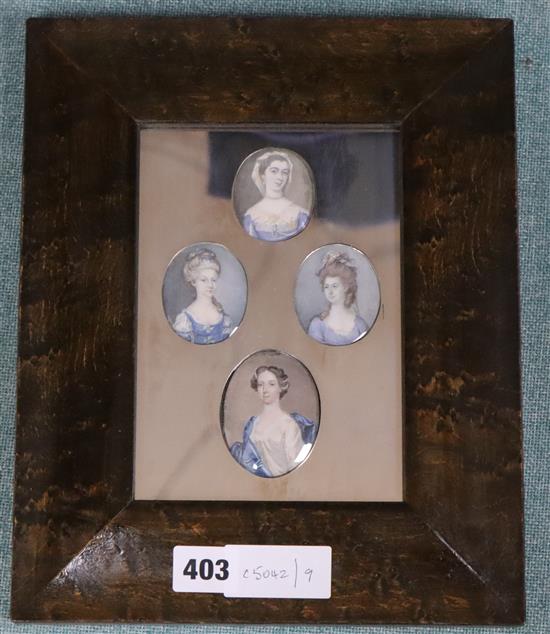 18th century Continental School, four gouache on vellum? miniatures, portraits of ladies, one dated 1779, largest 6 x 4.75cm, framed as